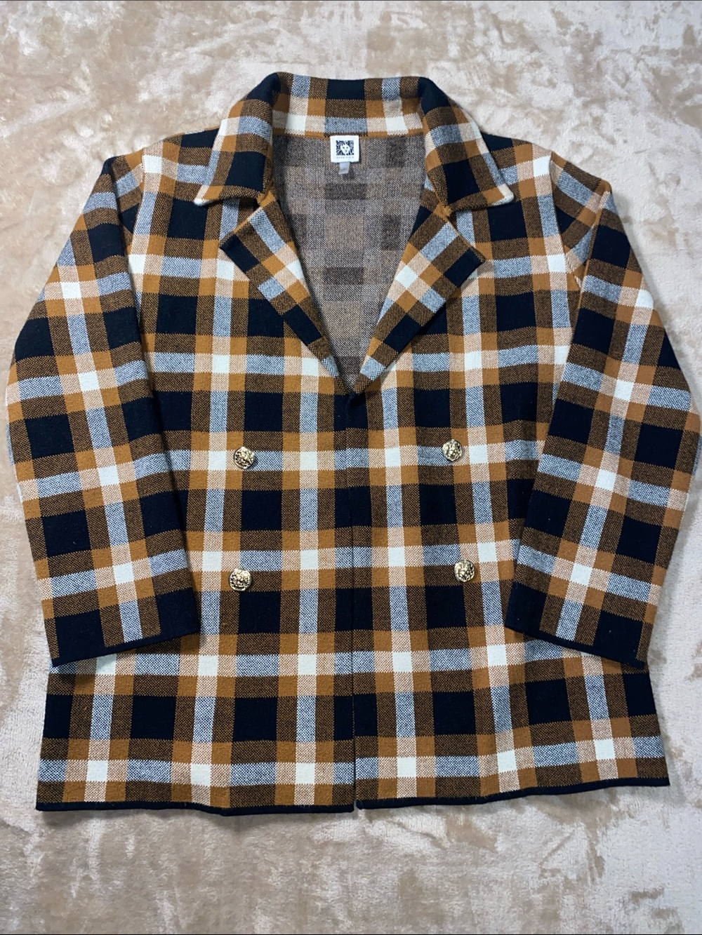 Anne Klein Plaid Sweater Jacket Knit Blazer with gold buttons